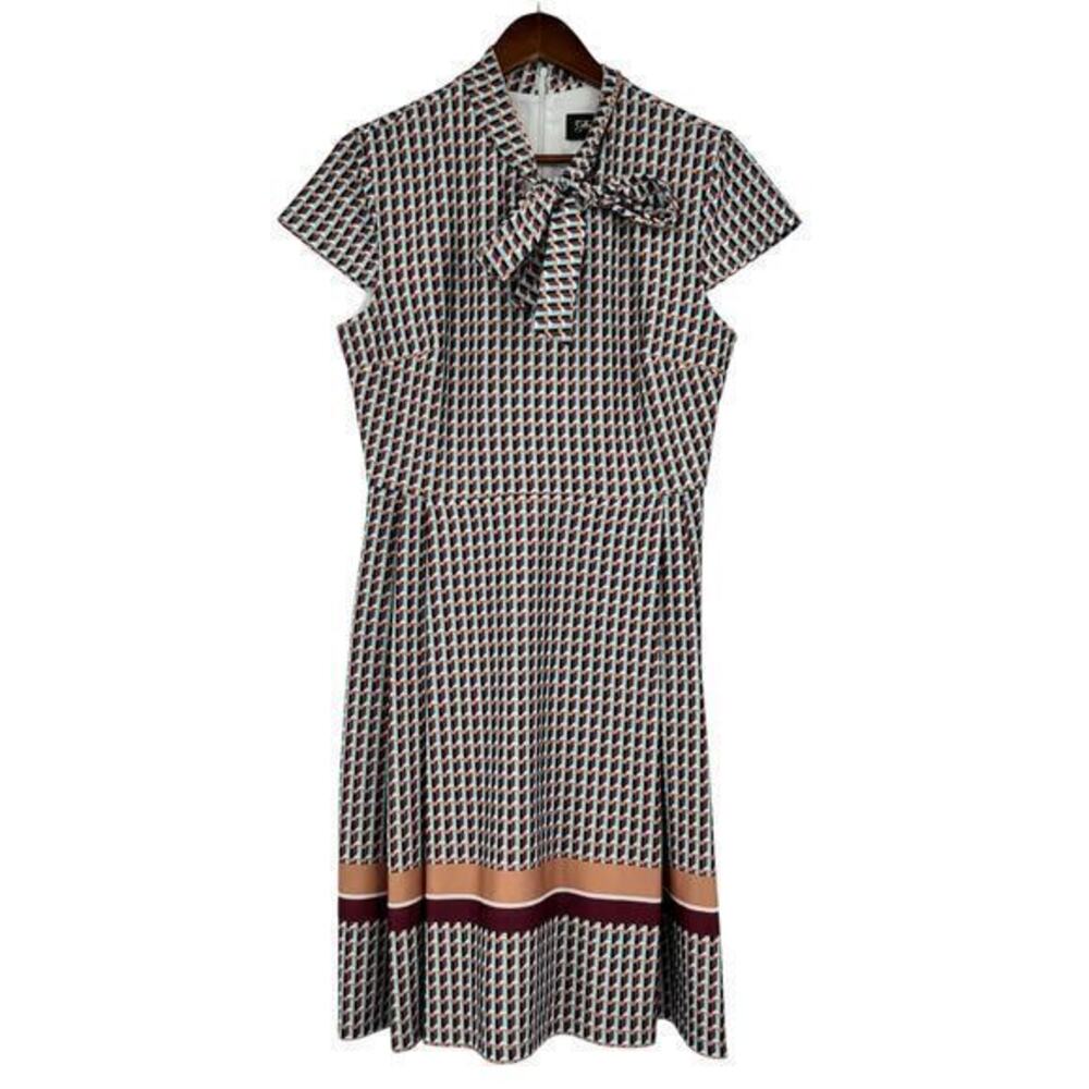 Alexia Admor short sleeve neck bow tie abstract printed midi dress size large
